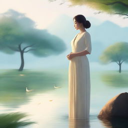 A serene and peaceful scene featuring Dona, a beautiful and graceful character, standing in a tranquil environment