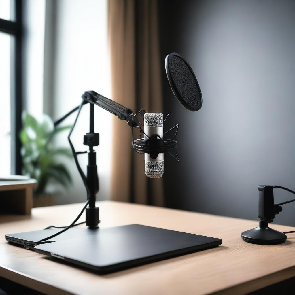 A high-quality image of a modern podcast setup featuring a professional microphone on a boom arm