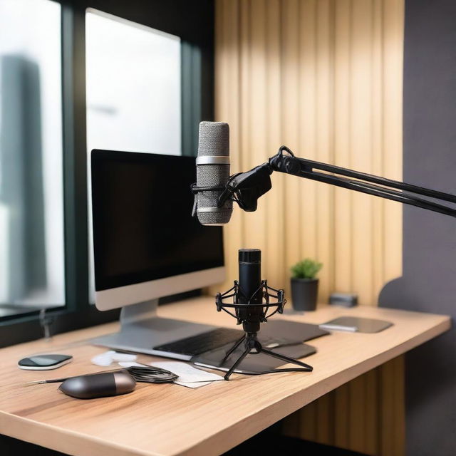 A high-quality image of a modern podcast setup featuring a professional microphone on a boom arm