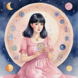 A lively watercolor animation of a plump tarot-reading girl with sleek black hair and bangs, wearing a pink dress, delicately linked to the moon, surrounded by tarot symbols