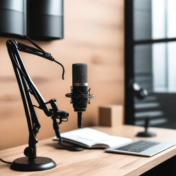 A high-quality image of a modern podcast setup featuring a professional microphone on a boom arm