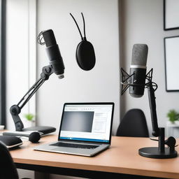 A high-quality image of a modern podcast setup featuring a professional microphone on a boom arm