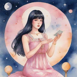 A lively watercolor animation of a plump tarot-reading girl with sleek black hair and bangs, wearing a pink dress, delicately linked to the moon, surrounded by tarot symbols