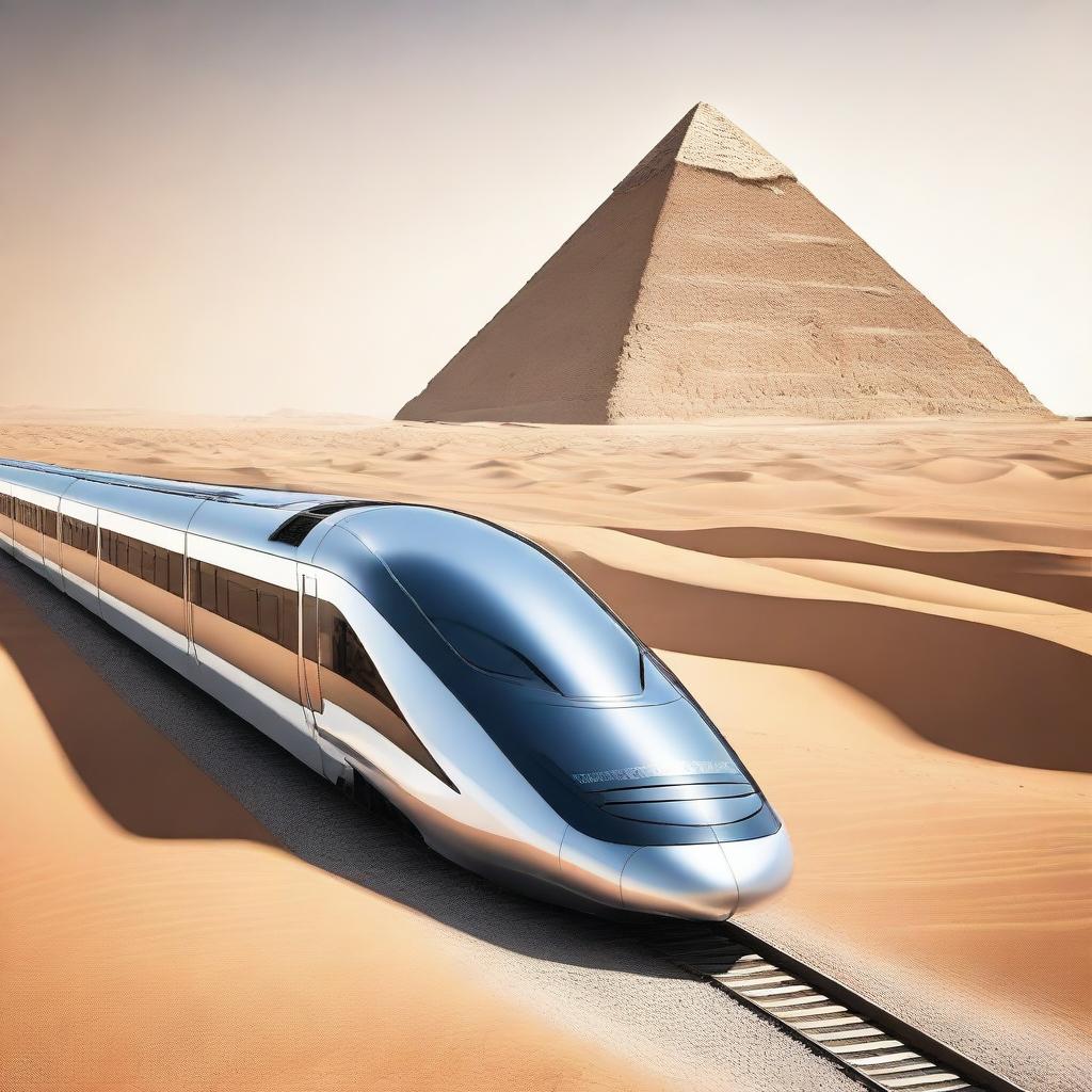 A high-speed train project in Egypt, showcasing a sleek modern train racing through the desert with the iconic pyramids in the background