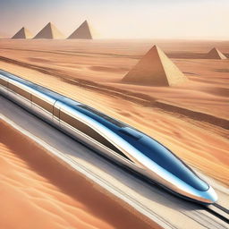 A high-speed train project in Egypt, showcasing a sleek modern train racing through the desert with the iconic pyramids in the background