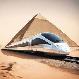 A high-speed train project in Egypt, showcasing a sleek modern train racing through the desert with the iconic pyramids in the background