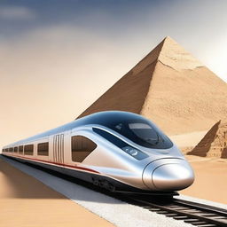 A high-speed train project in Egypt, showcasing a sleek modern train racing through the desert with the iconic pyramids in the background