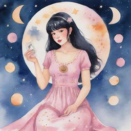 A lively watercolor animation of a plump tarot-reading girl with sleek black hair and bangs, wearing a pink dress, delicately linked to the moon, surrounded by tarot symbols