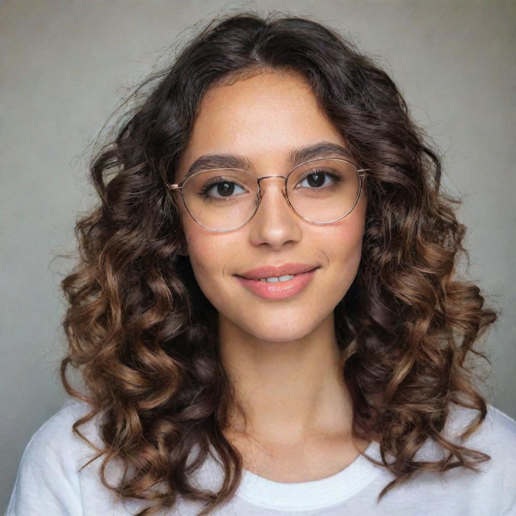 A girl with wavy hair and glasses.