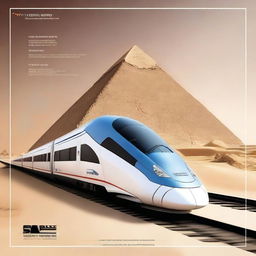 Create a submittal cover for a high-speed train project in Egypt with the pyramids in the background, designed with a futuristic theme