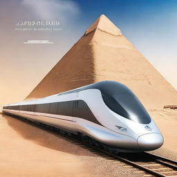 Create a submittal cover for a high-speed train project in Egypt with the pyramids in the background, designed with a futuristic theme