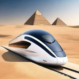 Create a submittal cover for a high-speed train project in Egypt with the pyramids in the background, designed with a futuristic theme