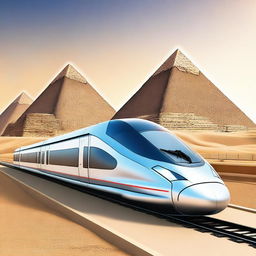 Create an image of a high-speed train project in Egypt with the pyramids in the background, designed with a futuristic theme