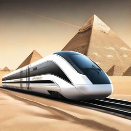 Create an image of a high-speed train project in Egypt with the pyramids in the background, designed with a futuristic theme