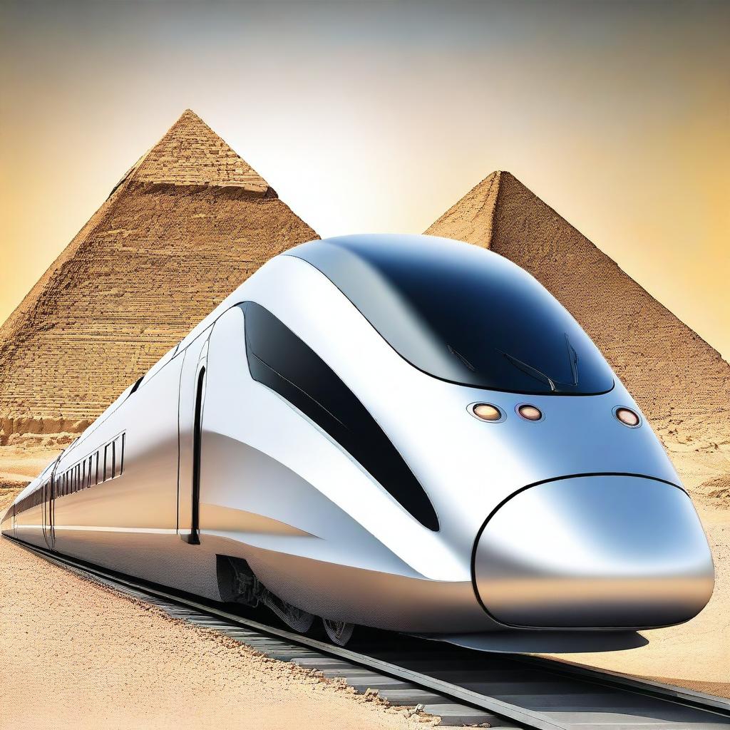 Create an image of a high-speed train project in Egypt with the pyramids in the background, designed with a futuristic theme