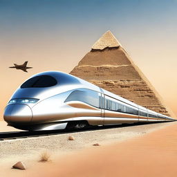 Create an image of a high-speed train project in Egypt with the pyramids in the background, designed with a futuristic theme