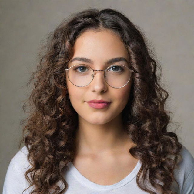 A girl with wavy hair and glasses.