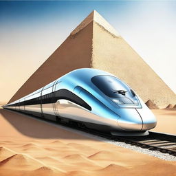 Create an image of a high-speed train project in Egypt with the pyramids in the background, designed with a futuristic theme