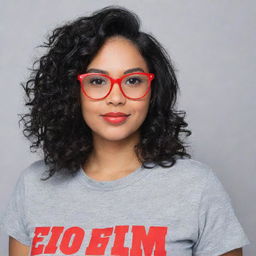 Girl with black wavy hair, wearing red framed glasses and a grey t-shirt.