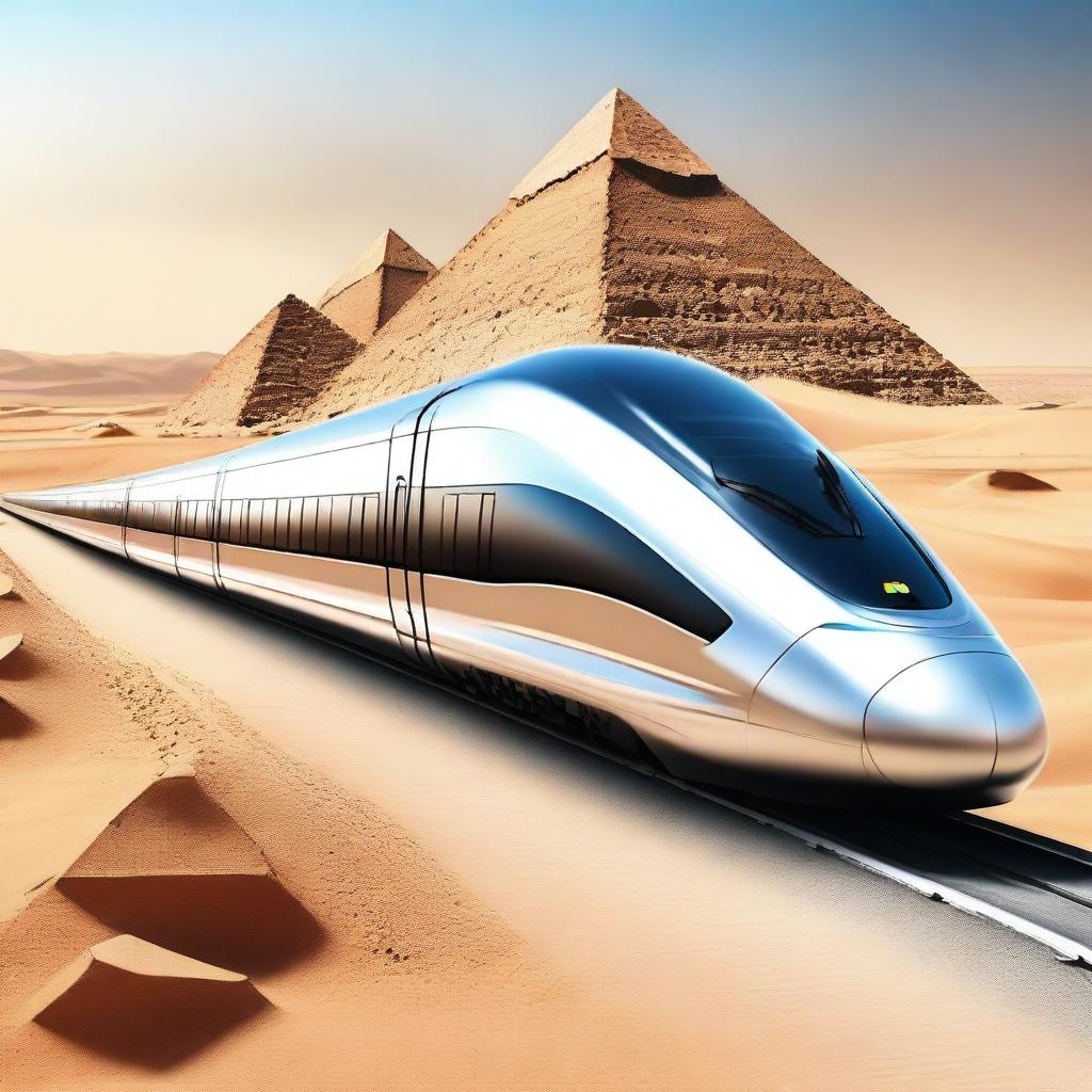 Create an image of a high-speed train project in Egypt with the pyramids in the background, designed with a futuristic theme