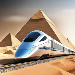 Create an image of a high-speed train project in Egypt with the pyramids in the background, designed with a futuristic theme