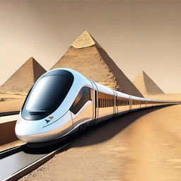 Create an image of a high-speed train project in Egypt with the pyramids in the background, designed with a futuristic theme