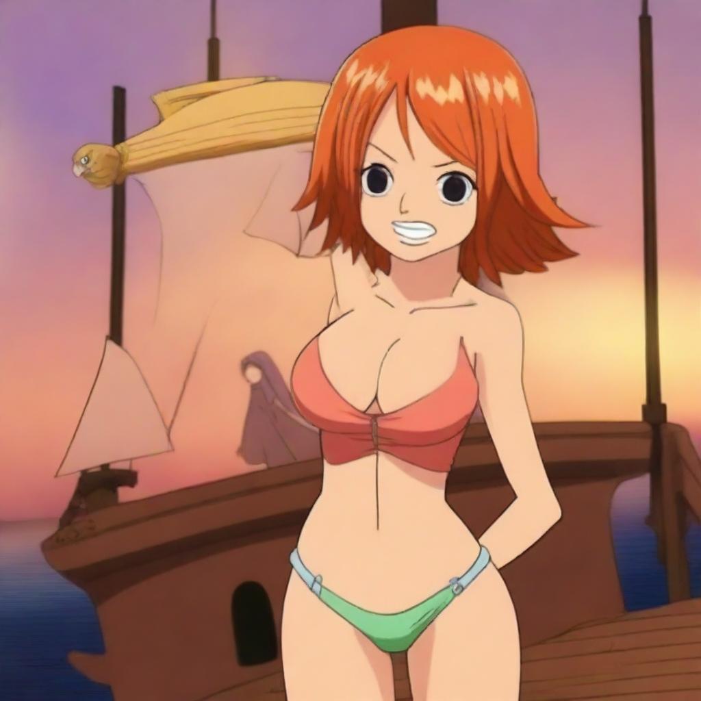 Create an image of Nami, the character from One Piece, standing on the deck of a pirate ship with a sunset in the background