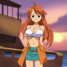 Create an image of Nami, the character from One Piece, standing on the deck of a pirate ship with a sunset in the background