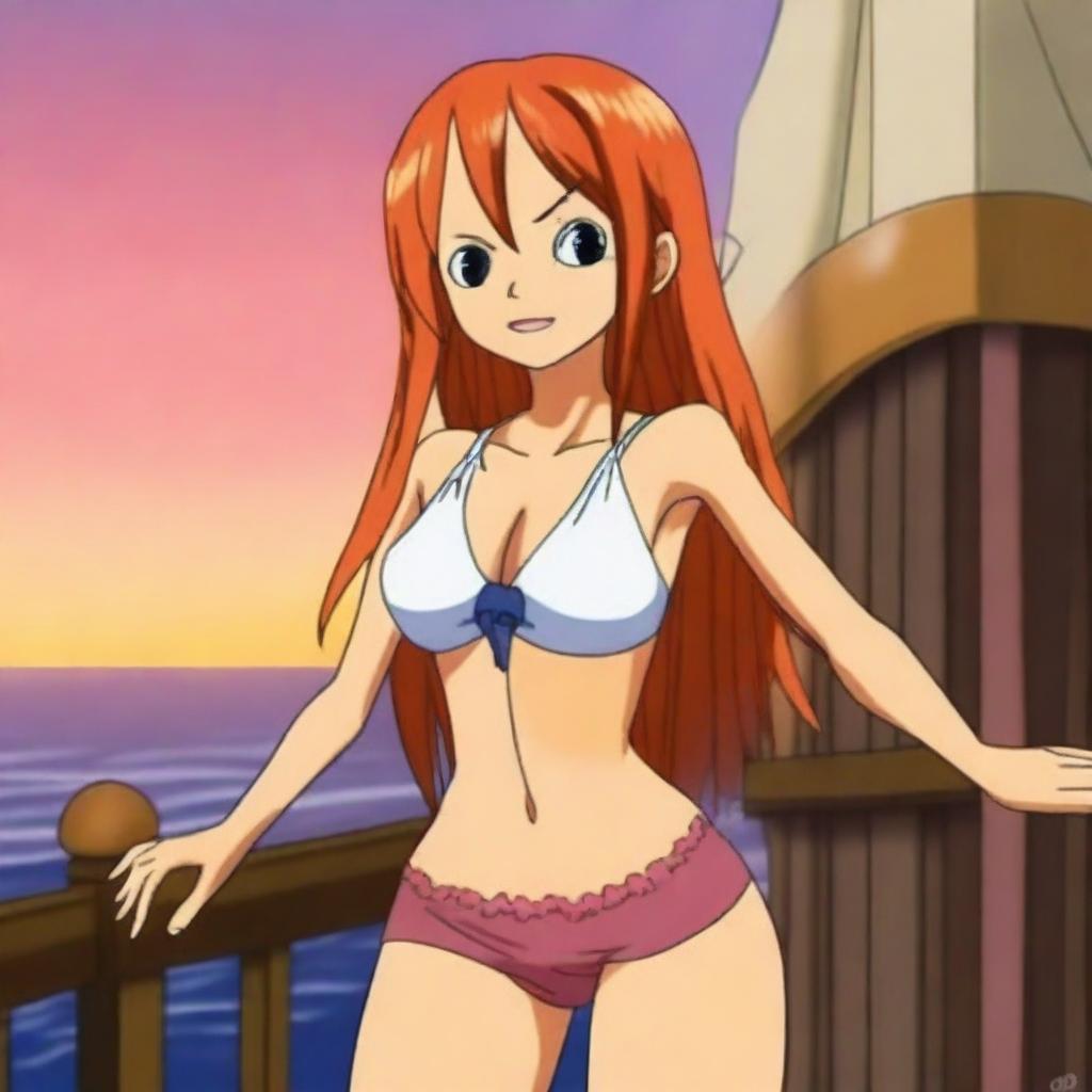 Create an image of Nami, the character from One Piece, standing on the deck of a pirate ship with a sunset in the background