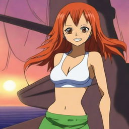 Create an image of Nami, the character from One Piece, standing on the deck of a pirate ship with a sunset in the background