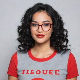 Girl with black wavy hair, wearing red framed glasses and a grey t-shirt.