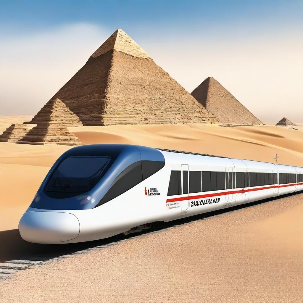 Create a business plan cover page for a high-speed train project in Egypt with the pyramids in the background, designed with a futuristic theme