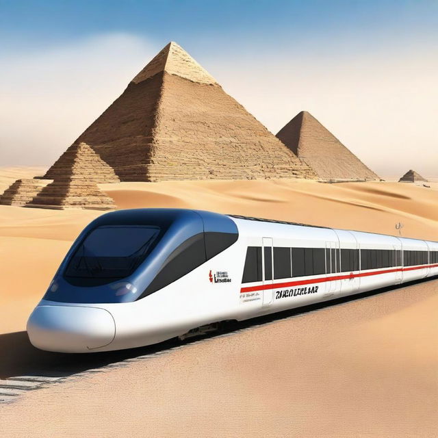 Create a business plan cover page for a high-speed train project in Egypt with the pyramids in the background, designed with a futuristic theme