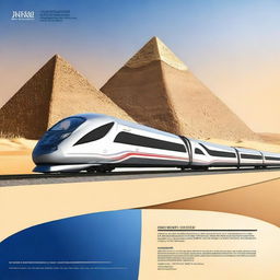 Create a business plan cover page for a high-speed train project in Egypt with the pyramids in the background, designed with a futuristic theme