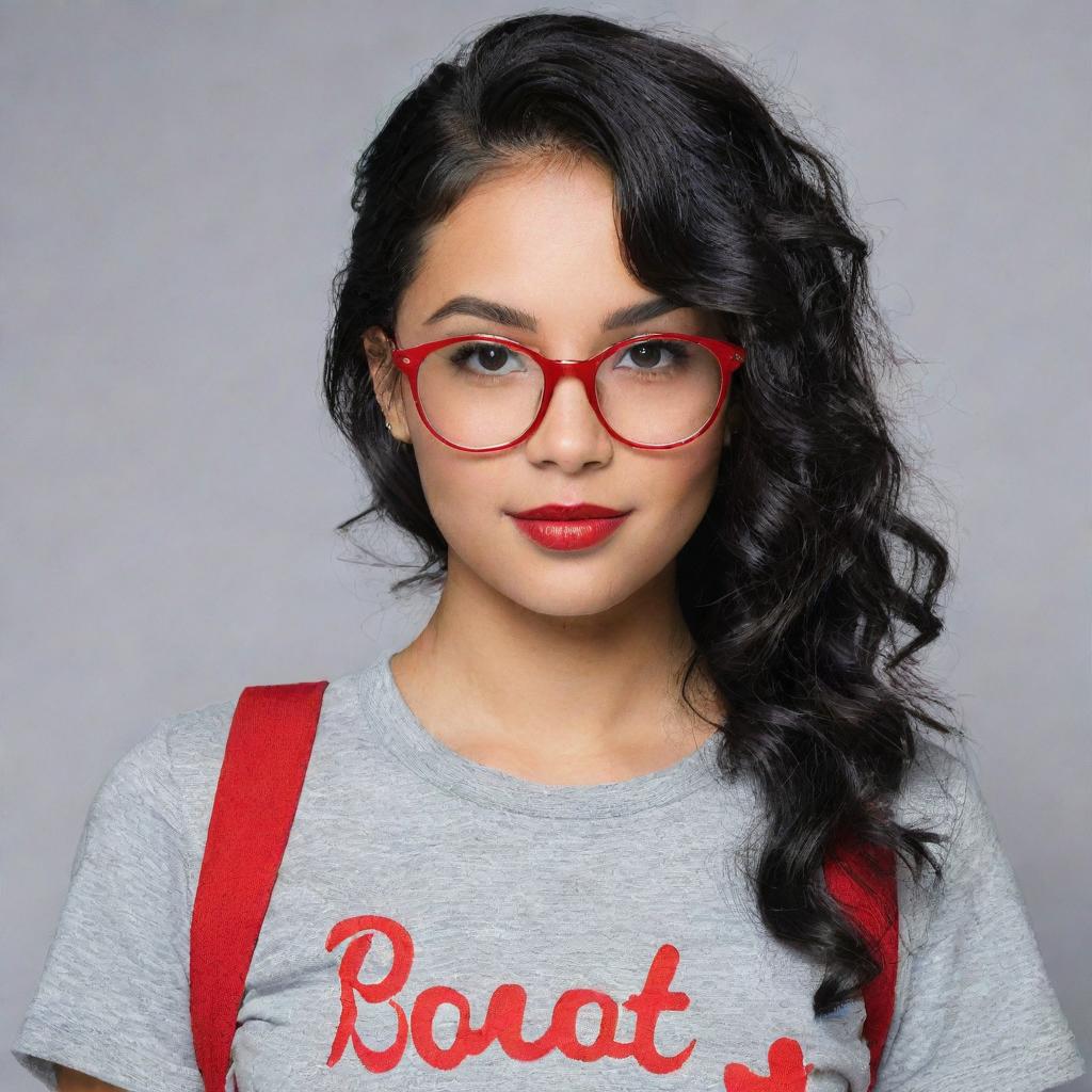 Girl with black wavy hair, wearing red framed glasses and a grey t-shirt.