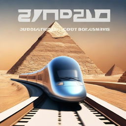 Create a business plan cover page for a high-speed train project in Egypt with the pyramids in the background, designed with a futuristic theme