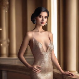 A captivating and alluring scene featuring an elegantly dressed woman posing with confidence