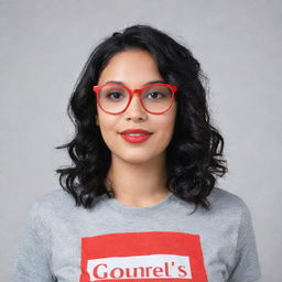 Girl with black wavy hair, wearing red framed glasses and a grey t-shirt.