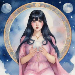 A dynamic watercolor animation of a plump tarot-reading girl with striking blue eyes, sleek black hair with bangs, and pink dress, mystically linked to the moon, surrounded by swirling tarot symbols