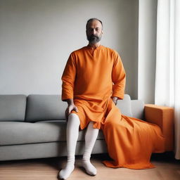 La imagen muestra a un hombre vestido con una túnica naranja, sentado en la parte superior de un sofá