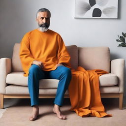 La imagen muestra a un hombre vestido con una túnica naranja, sentado en la parte superior de un sofá