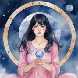 A dynamic watercolor animation of a plump tarot-reading girl with striking blue eyes, sleek black hair with bangs, and pink dress, mystically linked to the moon, surrounded by swirling tarot symbols