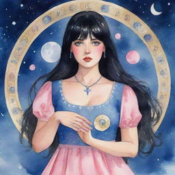 A dynamic watercolor animation of a plump tarot-reading girl with striking blue eyes, sleek black hair with bangs, and pink dress, mystically linked to the moon, surrounded by swirling tarot symbols