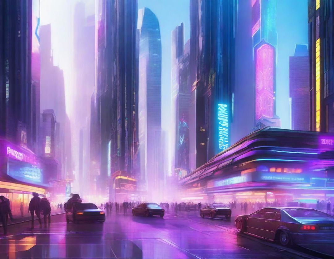 A futuristic cyberpunk cityscape featuring towering glass buildings, floating platforms, and vibrant neon lights illuminating the streets