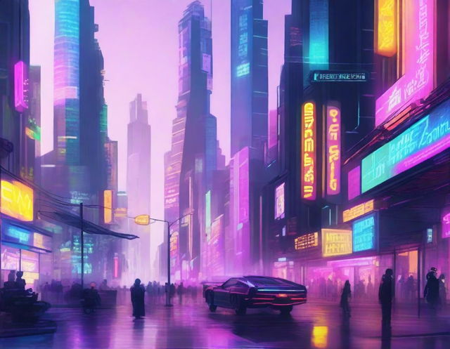 A futuristic cyberpunk cityscape featuring towering glass buildings, floating platforms, and vibrant neon lights illuminating the streets