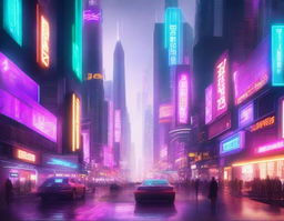 A futuristic cyberpunk cityscape featuring towering glass buildings, floating platforms, and vibrant neon lights illuminating the streets