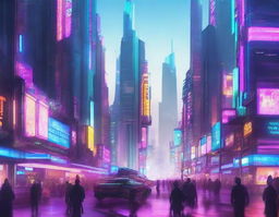 A futuristic cyberpunk cityscape featuring towering glass buildings, floating platforms, and vibrant neon lights illuminating the streets