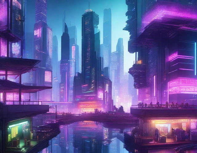 A detailed cyberpunk cityscape featuring towering glass buildings and floating platforms