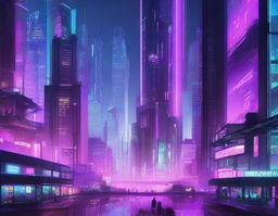 A detailed cyberpunk cityscape featuring towering glass buildings and floating platforms