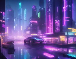 A detailed cyberpunk cityscape featuring towering glass buildings and floating platforms